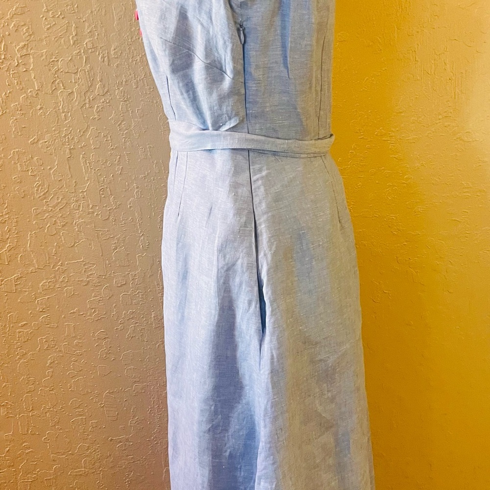 Boden Light Blue Linen Midi Dress with Multicolor Button Detail - Picture 3 of 12